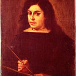 Baroque self-portrait by Bartolomé Esteban Murillo showing the artist from the waist up in dark clothing, holding a long brush and palette against a warm brown background, his pale face and white collar softly illuminated as he gazes outward with a calm, thoughtful expression.