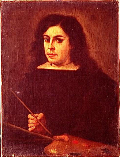 Baroque self-portrait by Bartolomé Esteban Murillo showing the artist from the waist up in dark clothing, holding a long brush and palette against a warm brown background, his pale face and white collar softly illuminated as he gazes outward with a calm, thoughtful expression.