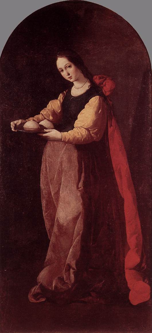 Full length painting of St Agatha by Francisco de Zurbaran showing a young woman in rich seventeenth century dress, with yellow sleeves, a rose skirt, and a long red mantle, standing against a dark background and gently holding a tray with two rounded forms representing her severed breasts.