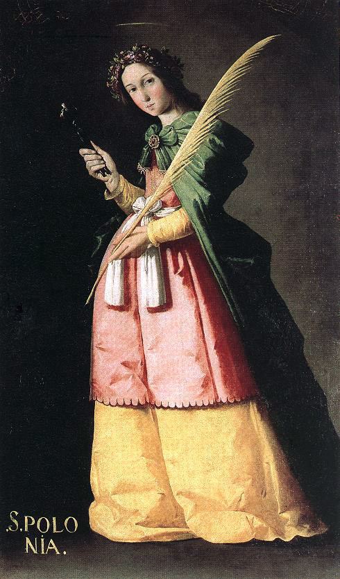 Vertical painting by Francisco de Zurbaran showing St. Apollonia standing full length against a dark background, wearing a yellow skirt, pink dress and green cloak, with a floral wreath in her hair, holding a long palm frond in one hand and metal pincers with a small tooth in the other.