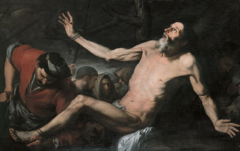 Horizontal painting by Francisco de Zurbaran showing the nearly nude St. Bartholomew bound and arched backward in a strong diagonal, his face and torso lit as he looks upward, while executioners and shadowed onlookers crowd around him against a dark background.