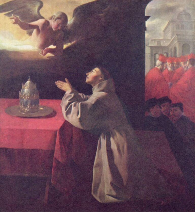 Painting by Francisco de Zurbaran showing St Bonaventure in a gray Franciscan habit kneeling beside a red covered table with a papal tiara on a silver platter, hands clasped and eyes raised toward an angel emerging from bright clouds in the upper left, while a group of red robed cardinals and a church appear in the distant right background.