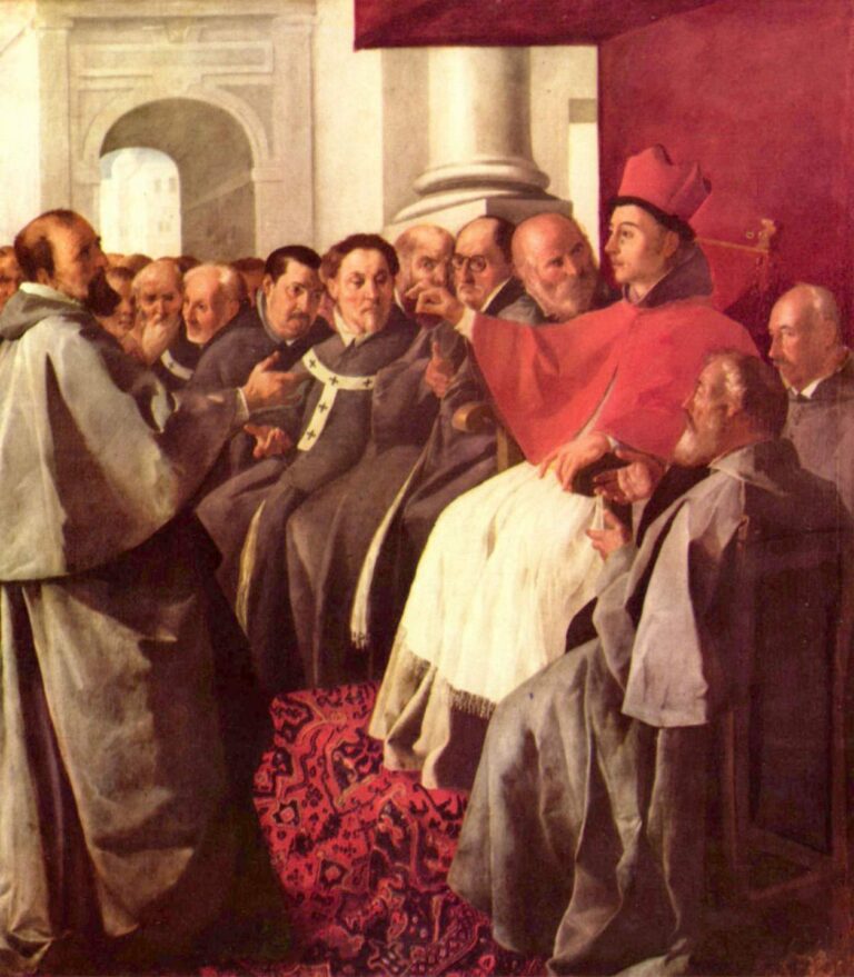 Painting of “St Bonaventure at the Council of Lyons” by Francisco de Zurbaran showing a Franciscan friar standing and speaking to a seated cardinal in red robes, surrounded by rows of gray robed clergy on a patterned red carpet inside a vaulted council chamber.
