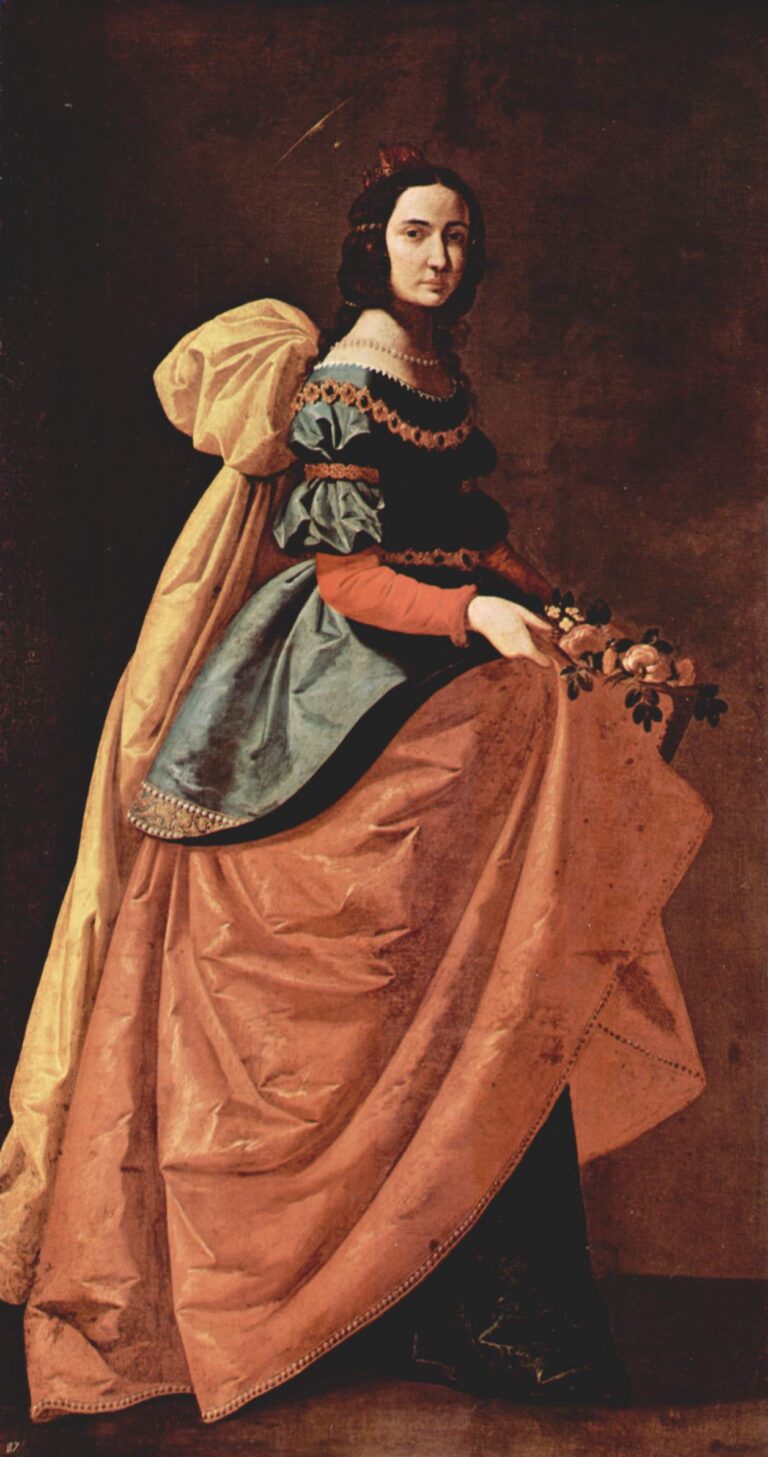Vertical painting by Francisco de Zurbaran showing St Casilda of Toledo standing full length in a richly colored gown with a huge rose skirt, green bodice and yellow mantle, a small crown on her dark hair, holding a bunch of roses in one hand and lifting her skirt with the other against a simple dark background.