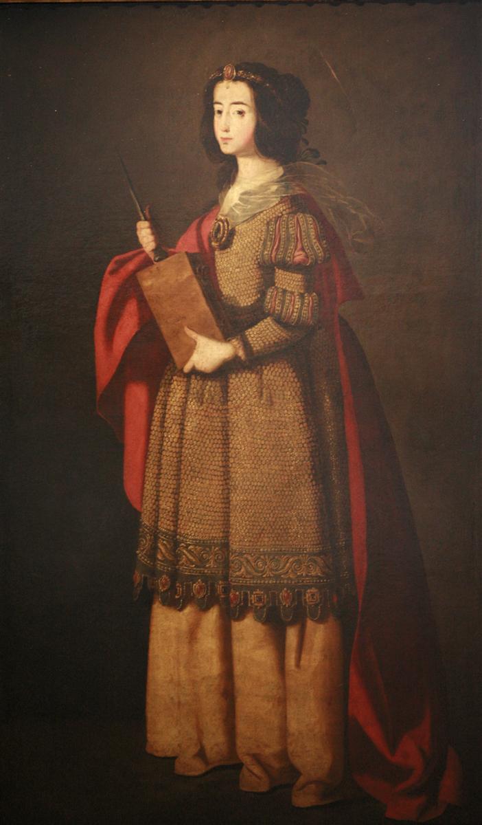 Full length figure of St. Engracia standing against a dark background, wearing a gold scale patterned tunic over a long beige skirt with a red cloak draped over her shoulders, holding a book in one hand and a martyr’s palm in the other.