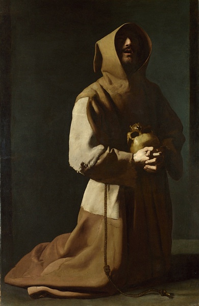 Painting of “St. Francis Kneeling” by Francisco de Zurbaran showing a hooded Franciscan friar in a brown habit kneeling in a dark empty space, hands gently holding a skull at his chest, a long rope belt trailing on the floor and strong light falling from the left across his garment and the skull.