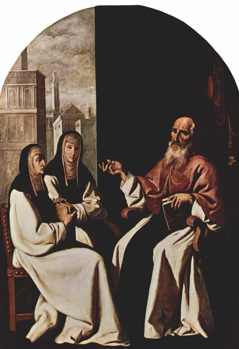 Painting of “St. Jerome with St. Paula and St. Eustochium” by Francisco de Zurbaran showing the elderly St Jerome seated on the right against a dark background with a book in hand, explaining a point to two nuns in white habits and black veils on the left, set before a pale cityscape under an arched top.