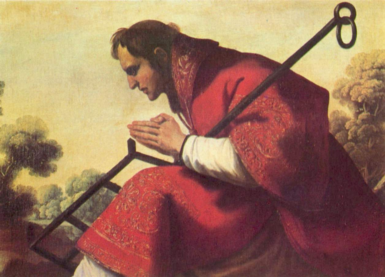 Side profile of St. Lawrence dressed in a richly embroidered red dalmatic, leaning forward in prayer with hands clasped while a dark gridiron rests diagonally across his back against a soft landscape background.