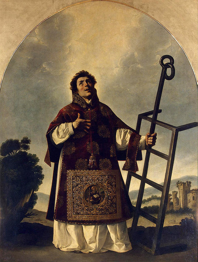 Painting by Francisco de Zurbaran showing St. Lawrence standing full length in richly embroidered red vestments, white alb, and deacon’s stole, one hand on his chest and the other holding an upright gridiron, against a luminous sky and distant landscape framed by an arched niche.