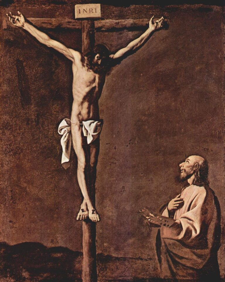 Vertical painting by Francisco de Zurbaran showing Christ crucified on a tall wooden cross at the left, his body pale against a dark brown background, while St Luke kneels at the right wearing simple robes, one hand on his chest and the other holding a painter’s palette as he looks up in devotion at the crucified figure.