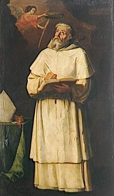 Vertical painting by Francisco de Zurbaran showing St. Pierre Pascal in a white monastic habit holding an open book and quill, looking up at an angel with a crown, with a bishop’s mitre on a small table beside him.