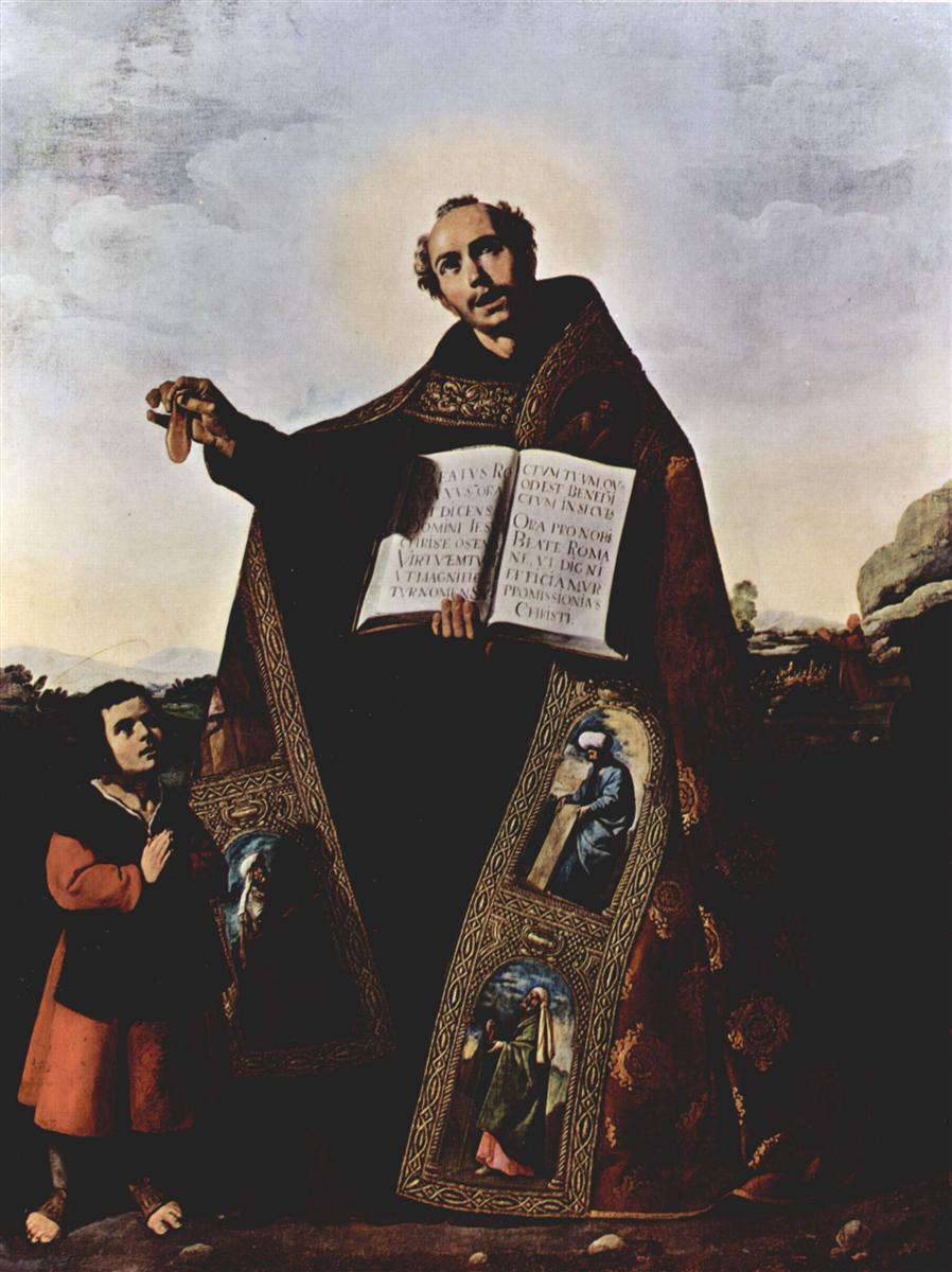 Vertical painting by Francisco de Zurbaran showing the towering figure of St Romanus in a richly embroidered cope holding an open Latin book and a small tongue shaped relic, with the young St Barulas standing prayerfully beside him against a distant landscape and pale sky.