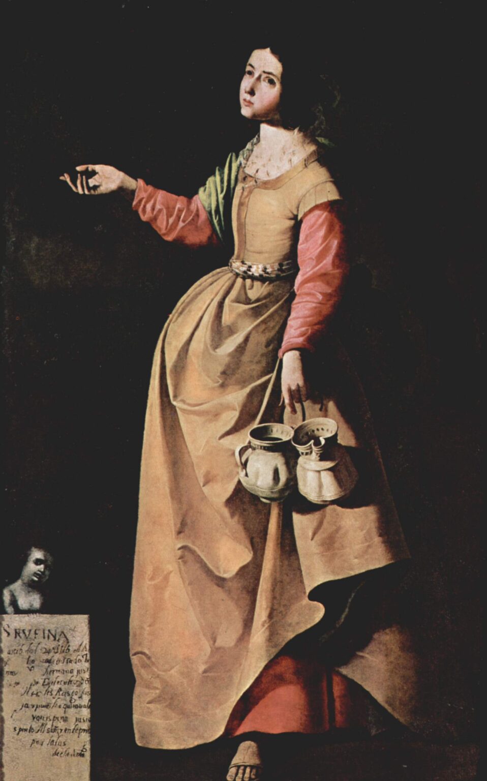Vertical painting by Francisco de Zurbaran showing St Rufina of Seville standing in a long beige dress with red sleeves and a green shawl, extending one hand outward while holding three ceramic jugs in the other, with a small inscribed stone plaque and sculpted head at her feet against a dark background.