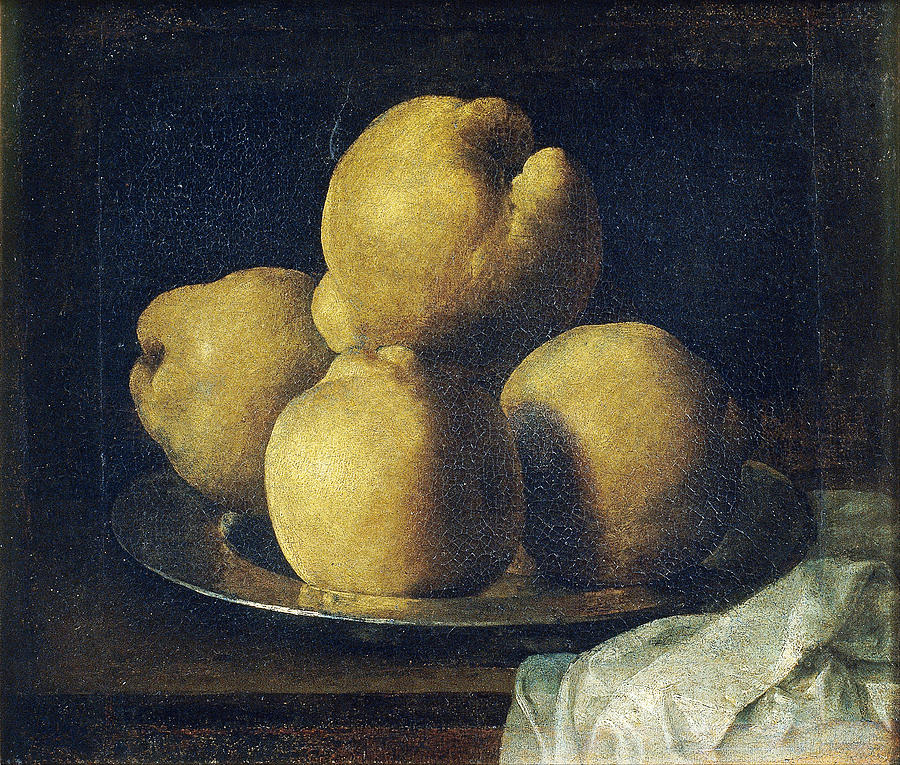 Painting of “Still Life with Dish of Quince” by Francisco de Zurbaran showing five golden quinces stacked in a pyramid on a reflective pewter dish against a dark background, with a folded white cloth draped over the front edge of the table.