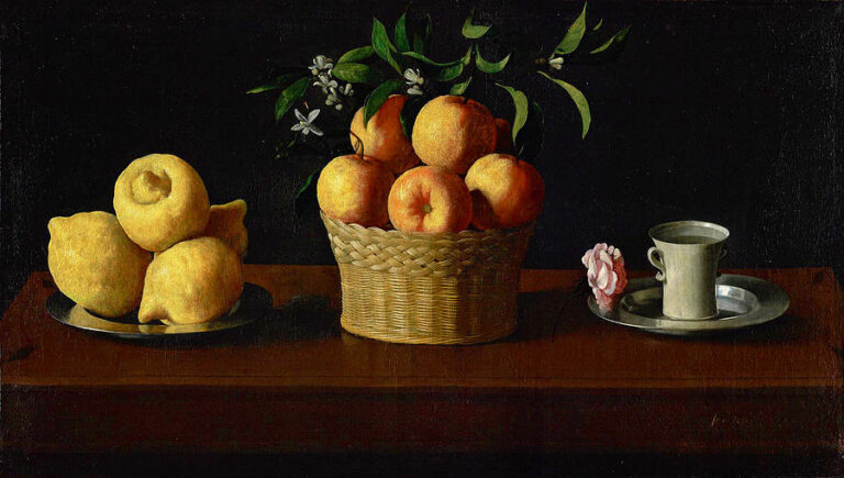 Horizontal still life painting by Francisco de Zurbaran showing a pile of lemons on a metal plate, a central basket filled with oranges and green leaves, and a silver saucer with a cup and pink rose on a wooden table against a dark background.