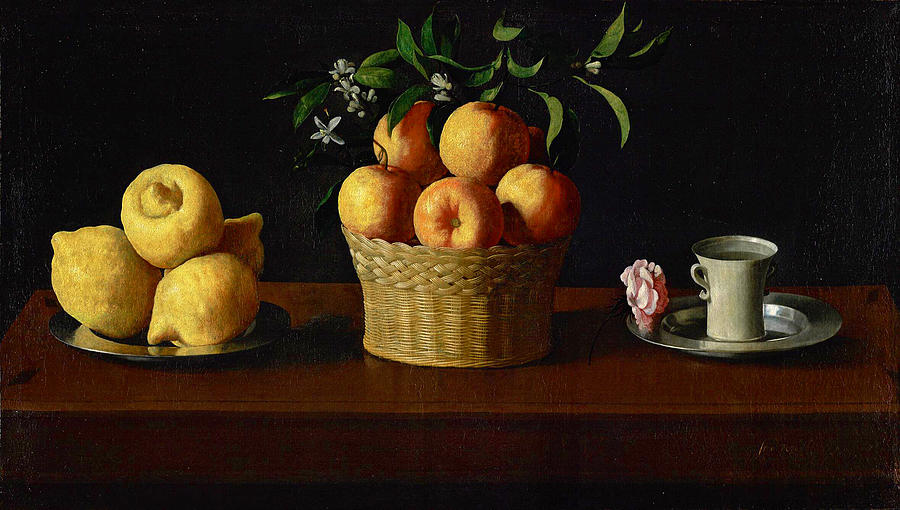 Horizontal still life painting by Francisco de Zurbaran showing a pile of lemons on a metal plate, a central basket filled with oranges and green leaves, and a silver saucer with a cup and pink rose on a wooden table against a dark background.
