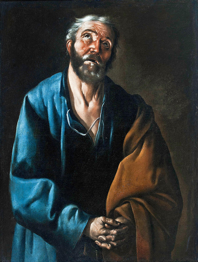 Half length portrait of Saint Peter in a blue cloak and brown mantle, hands clasped at his chest and eyes raised upward with tears, set against a dark background with dramatic light on his face and garments.