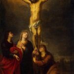 Baroque painting by Bartolome Esteban Murillo showing Christ crucified on a tall wooden cross under a dark sky, with the Virgin Mary, Saint John, and Mary Magdalene gathered at the foot of the cross in sorrowful devotion.