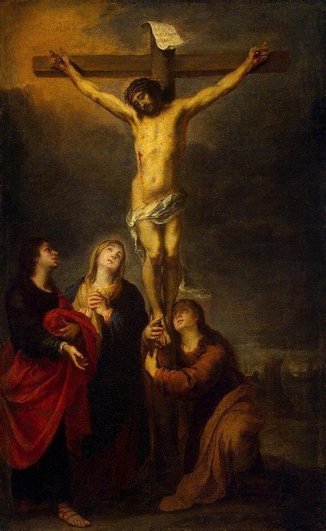 Baroque painting by Bartolome Esteban Murillo showing Christ crucified on a tall wooden cross under a dark sky, with the Virgin Mary, Saint John, and Mary Magdalene gathered at the foot of the cross in sorrowful devotion.