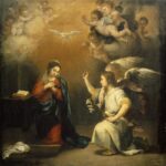 The Virgin Mary sits in prayer as the angel Gabriel kneels before her holding lilies, while a dove and cherubs descend in golden clouds above in Bartolomé Esteban Murillo’s painting “The Annunciation.”