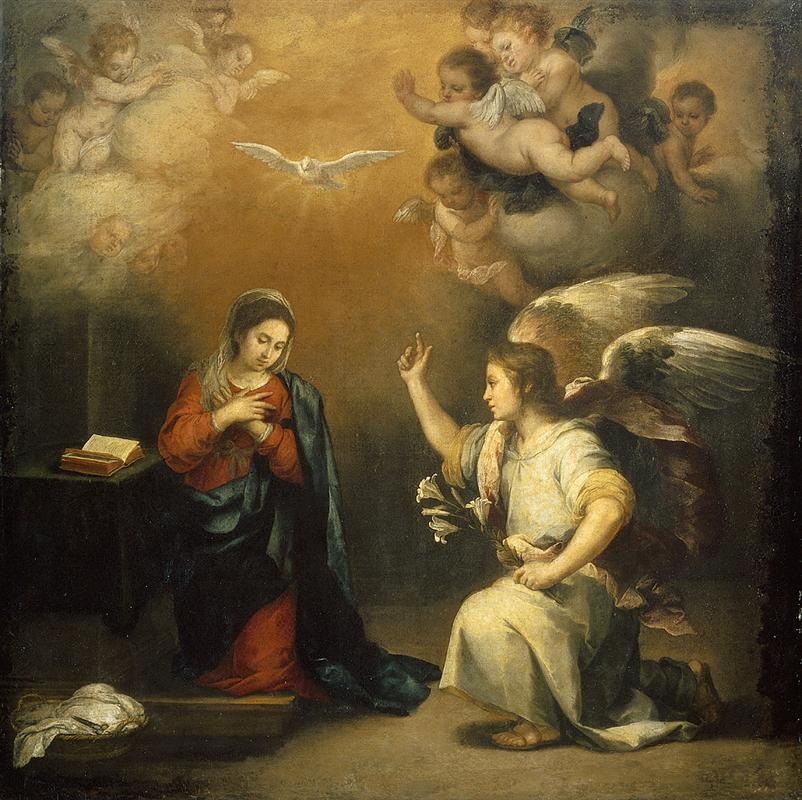The Virgin Mary sits in prayer as the angel Gabriel kneels before her holding lilies, while a dove and cherubs descend in golden clouds above in Bartolomé Esteban Murillo’s painting “The Annunciation.”