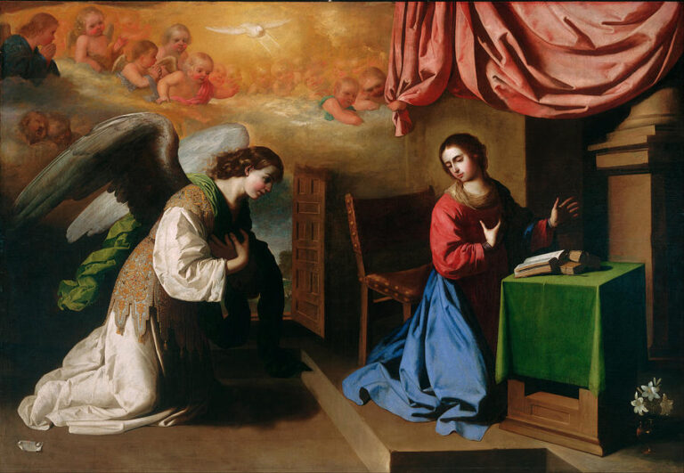Baroque painting by Francisco de Zurbaran showing the Annunciation: the angel Gabriel kneels on the left in white and green garments, wings folded, while the Virgin Mary kneels on the right in red and blue before a table with books and lilies, under pink drapery and a golden cloud filled with cherubs and the dove of the Holy Spirit above.
