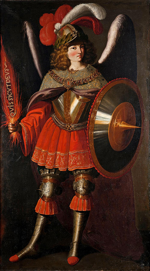 Vertical painting by Francisco de Zurbaran showing the Archangel Michael standing in shining armor and embroidered red tunic, with large white wings, plumed helmet, flaming sword in his right hand and a round reflective shield in his left, set against a dark background.