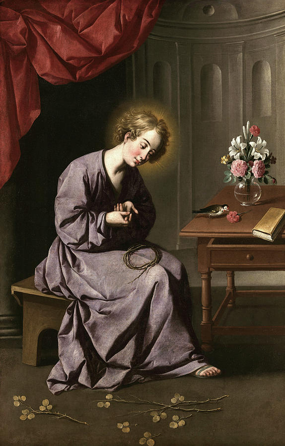 Painting by Francisco de Zurbaran showing the young Christ seated on a low bench in a violet robe, halo around his head, carefully pulling a thorn from his hand while a small crown of thorns rests on his lap, with a table holding a book, glass vase of flowers and a bird beside him under a red curtain in a quiet interior.