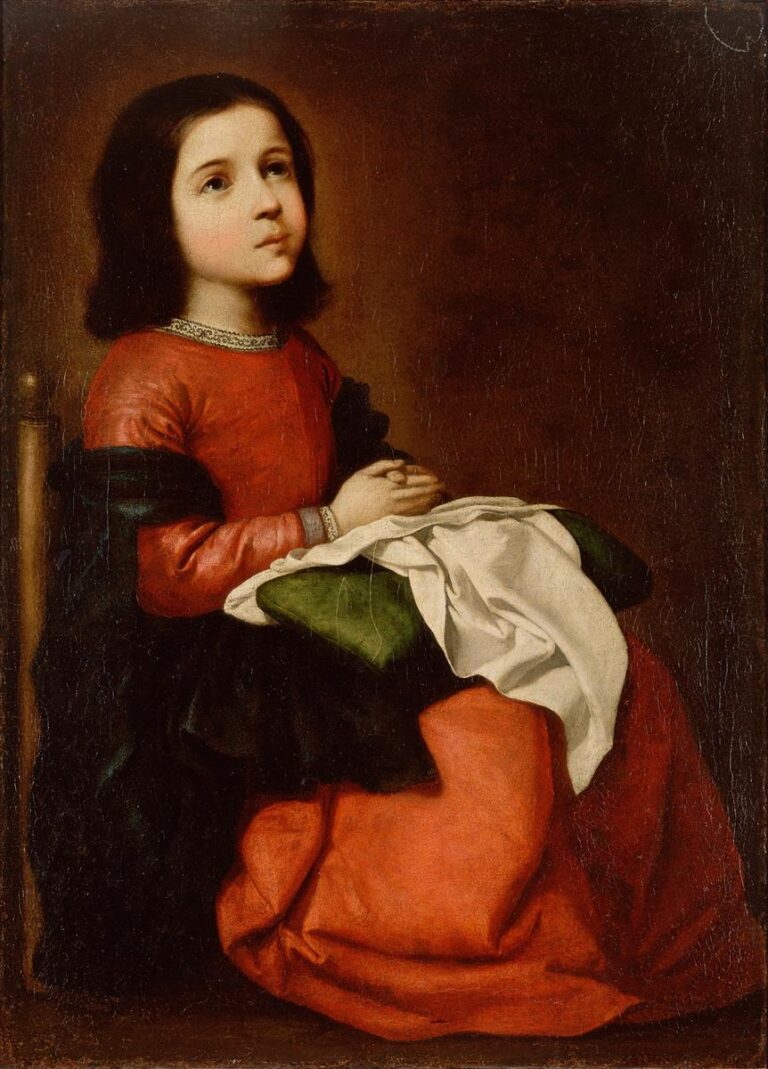 Painting of “The Childhood of the Virgin” by Francisco de Zurbaran showing a young girl identified as Mary seated on a simple chair in a red dress and dark green mantle, hands resting on folded white and green cloth in her lap, with her gaze lifted upward against a warm brown background.