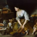 A young kitchen maid plucks a rooster beside a hearth while a cat and dog beg near a roasting spit and a small bandaged child sits in the shadows in Bartolomé Esteban Murillo’s painting “The Cooker.”
