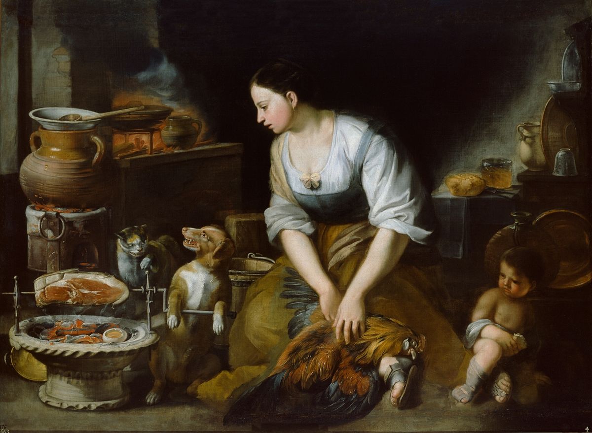 A young kitchen maid plucks a rooster beside a hearth while a cat and dog beg near a roasting spit and a small bandaged child sits in the shadows in Bartolomé Esteban Murillo’s painting “The Cooker.”