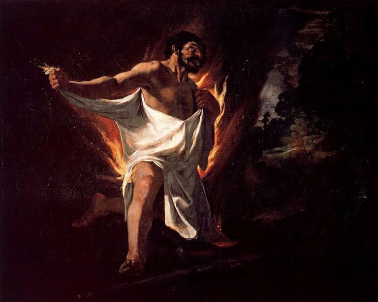 Painting of “The Death of Hercules” by Francisco de Zurbaran showing a muscular half bare Hercules wrapped in a white tunic that bursts into orange flames, striding forward in a dark landscape with one arm tearing at the garment and his face twisted in pain against a black sky and distant trees.