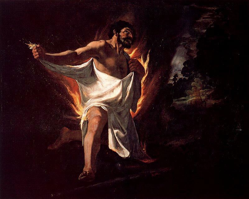 Painting of “The Death of Hercules” by Francisco de Zurbaran showing a muscular half bare Hercules wrapped in a white tunic that bursts into orange flames, striding forward in a dark landscape with one arm tearing at the garment and his face twisted in pain against a black sky and distant trees.
