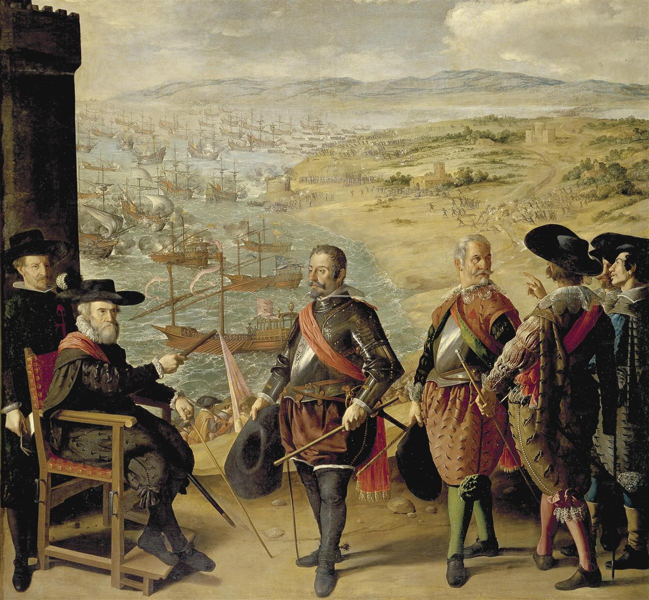 Large Baroque painting by Francisco de Zurbaran showing Spanish commanders on a terrace in the foreground while a vast fleet of ships and lines of soldiers battle along the coast near Cadiz, with smoke from cannon fire drifting over the sea and hills in the distance.