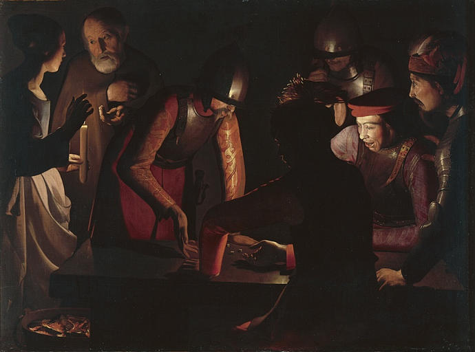 Horizontal night scene by Francisco de Zurbaran showing a group of armored soldiers and men around a table lit by a single candle, with a maidservant pointing toward an anxious Saint Peter at left as he presses his hand to his chest, all set against deep shadows in a depiction of the denial of Christ.