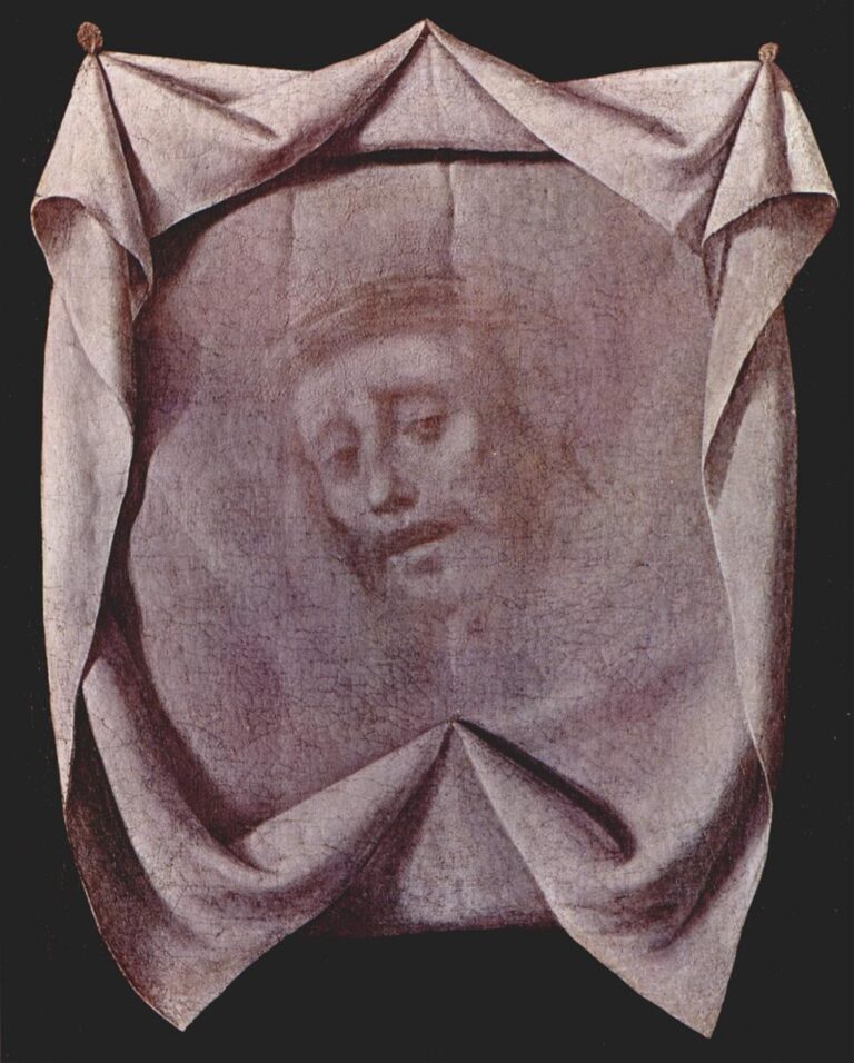 Painting of “The Holy Face” by Francisco de Zurbaran showing a pale linen veil pinned at its four corners against a dark background, its soft folds surrounding the faint, ghostly image of Christ’s sorrowful face emerging from the center of the cloth.