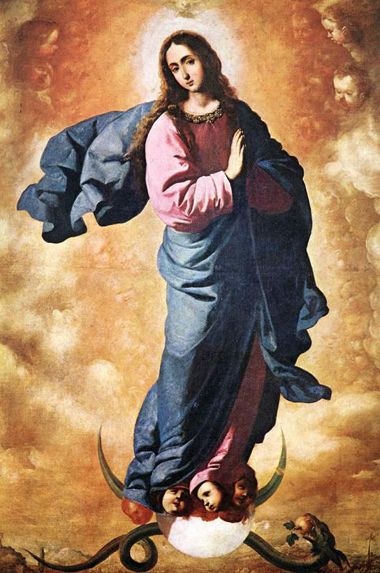 Painting of “The Immaculate Conception” by Francisco de Zurbaran showing a youthful Virgin Mary in rose tunic and blue mantle standing in a golden clouded sky on a crescent moon supported by cherub heads, with a serpent and apple beneath her feet and a soft halo surrounding her head.