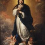 Baroque painting by Bartolome Esteban Murillo showing the Virgin Mary in a white dress and blue mantle standing on clouds above cherubs, hands crossed on her chest, surrounded by a golden halo and soft gray clouds with faint angelic faces.