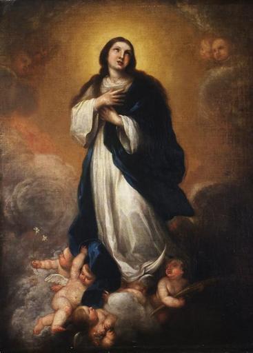 Baroque painting by Bartolome Esteban Murillo showing the Virgin Mary in a white dress and blue mantle standing on clouds above cherubs, hands crossed on her chest, surrounded by a golden halo and soft gray clouds with faint angelic faces.
