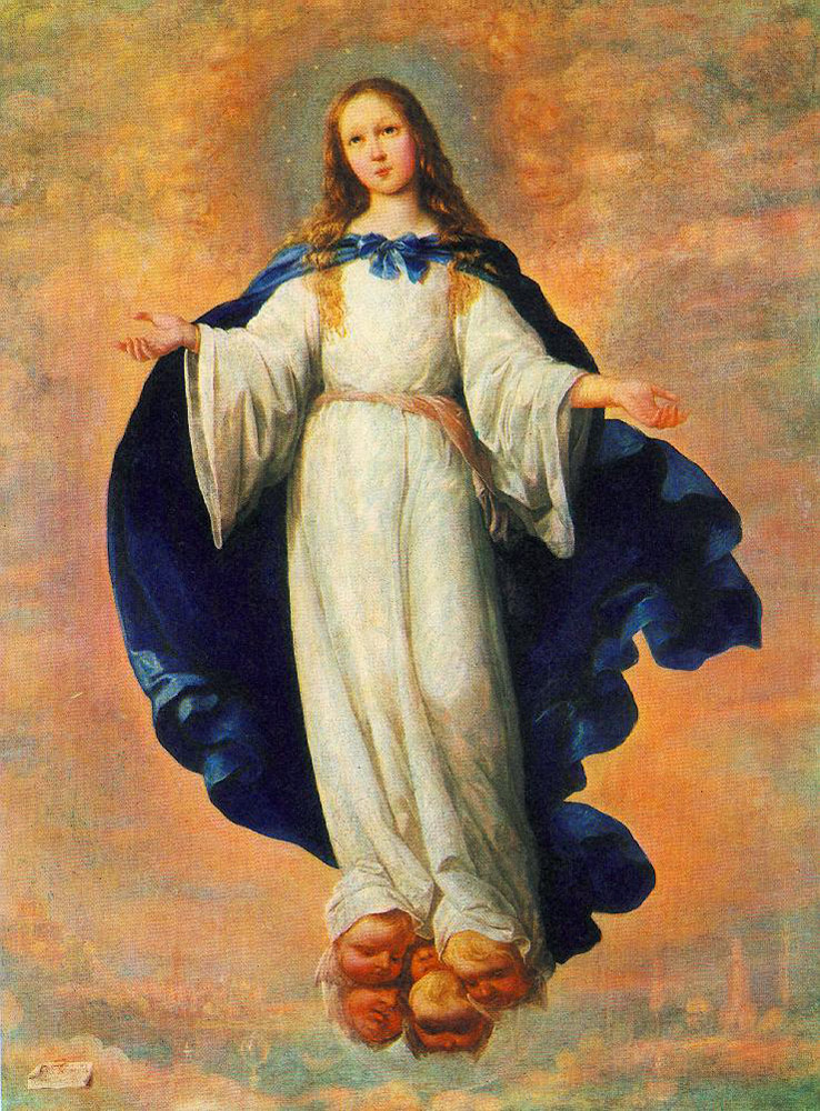 Virgin Mary in a long white robe and deep blue mantle stands with open arms in a sky of golden clouds, her feet resting on cherub heads, in Zurbaran’s painting “The Immaculate Conception.”