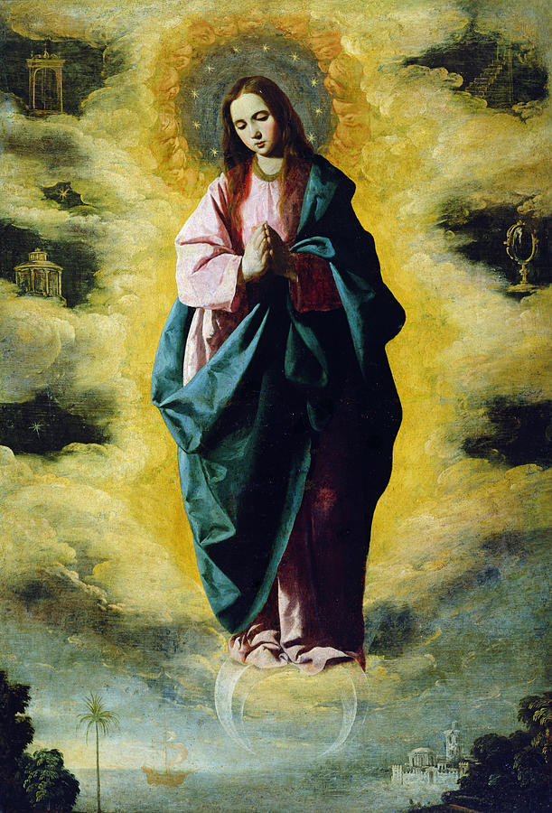 Painting of the Immaculate Conception by Francisco de Zurbaran showing a youthful Virgin Mary in a rose gown and blue mantle floating in golden clouds, hands joined in prayer, standing on a crescent moon above a distant seaport city with symbolic objects like a mirror, tower, and star scattered in the surrounding sky.