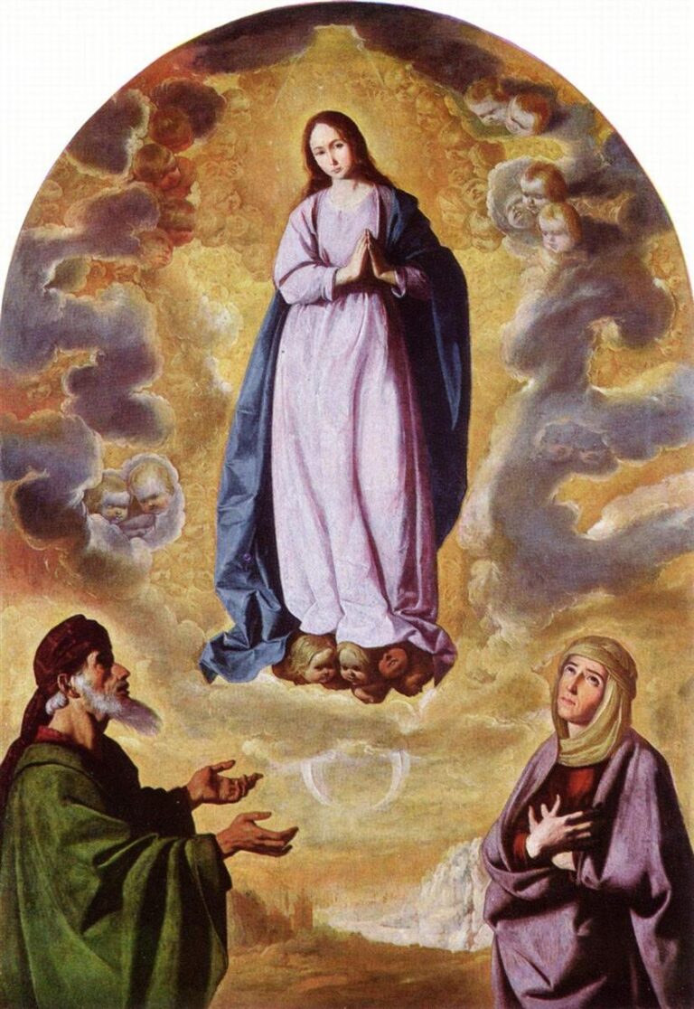 The Virgin Mary in a pink dress and blue mantle floats on a cloud of cherub heads within a glowing golden sky, hands joined in prayer, while Saint Joachim on the left and Saint Anne on the right look up at her from the earth below in Zurbaran’s painting.