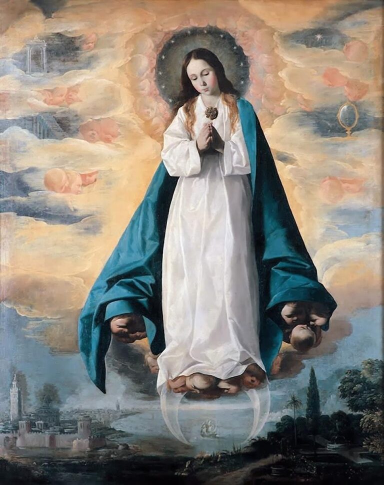 Painting of the Immaculate Conception by Francisco de Zurbaran showing a youthful Virgin Mary in a white robe and blue mantle floating in the clouds, hands clasped in prayer, surrounded by a halo of cherubs, standing on a crescent moon supported by angel heads above a distant city and landscape.