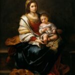 Baroque painting by Bartolomé Esteban Murillo showing the Virgin Mary seated on a bench, wearing a blue skirt, red dress, and cream shawl, holding the Christ Child on her lap against a dark background, both figures calmly facing the viewer.
