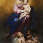Baroque painting by Bartolome Esteban Murillo showing the Virgin Mary seated on a cloud with the Christ Child on her lap, both holding a rosary, surrounded by small cherub angels against a glowing golden background.