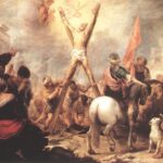 Baroque painting by Bartolomé Esteban Murillo showing St Andrew bound to an X shaped cross being lifted upright by workers amid soldiers, crowds, a white horse, and a dog, with radiant light and cherubs opening in the sky above.