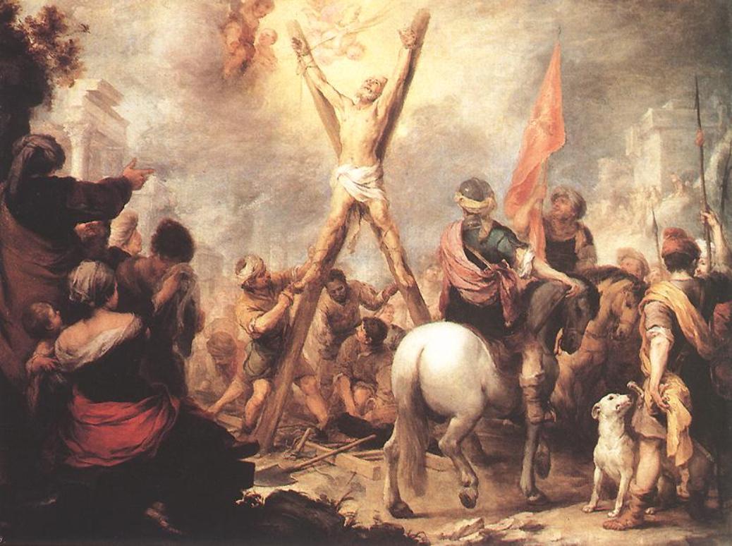 Baroque painting by Bartolomé Esteban Murillo showing St Andrew bound to an X shaped cross being lifted upright by workers amid soldiers, crowds, a white horse, and a dog, with radiant light and cherubs opening in the sky above.