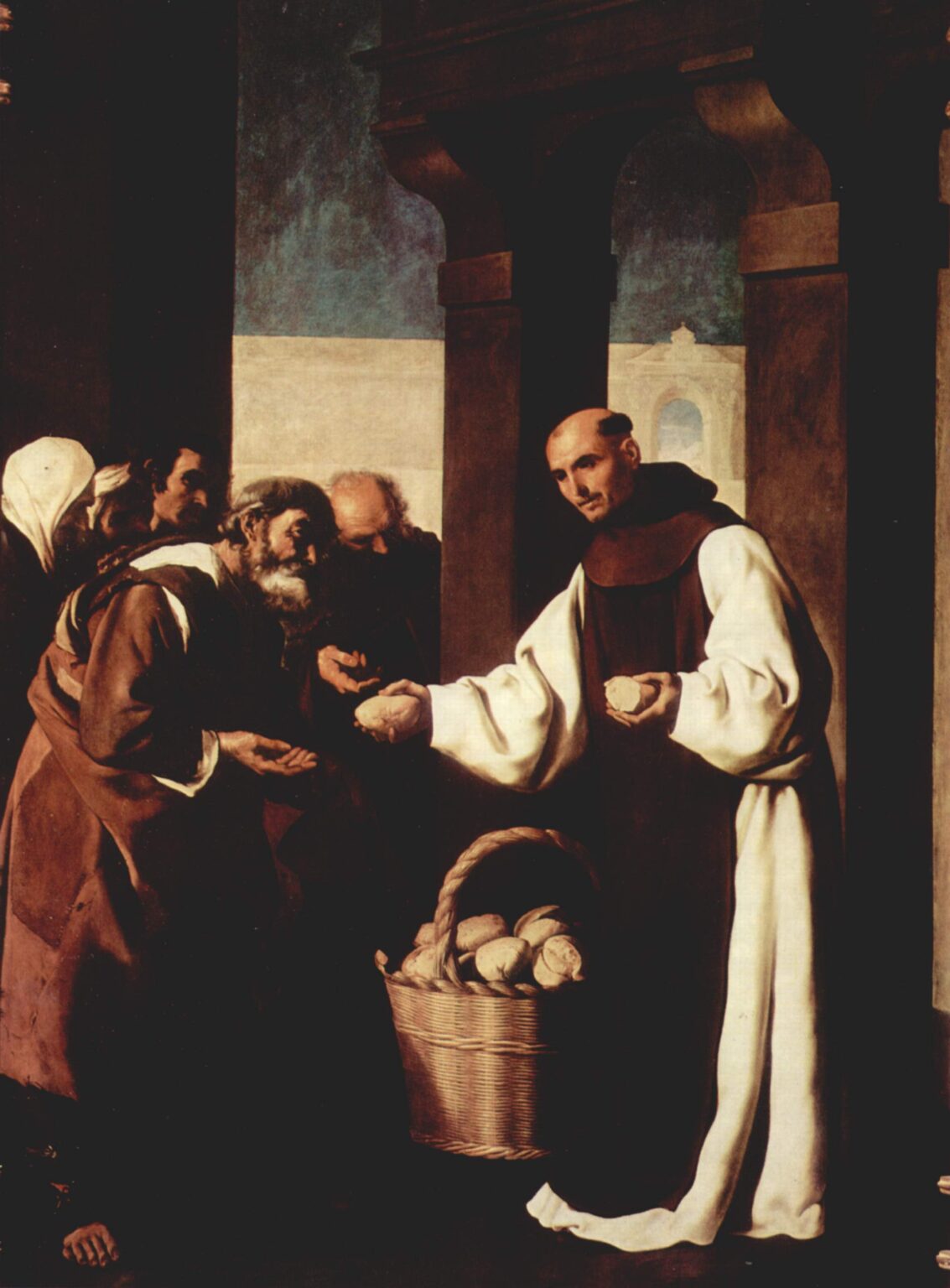 Painting of “The Mercy of Fra Martin de Vizcaya” by Francisco de Zurbaran showing a white robed monk under dark stone arches handing round loaves of bread to a group of poor men, with a large wicker basket full of bread at his feet and a strip of pale wall and blue sky in the background.