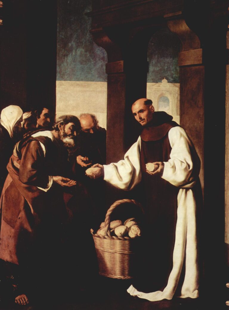 Painting of “The Mercy of Fra Martin de Vizcaya” by Francisco de Zurbaran showing a white robed monk under dark stone arches handing round loaves of bread to a group of poor men, with a large wicker basket full of bread at his feet and a strip of pale wall and blue sky in the background.