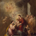 The Virgin Mary sits on steps holding the Christ Child who places a ring on kneeling Saint Catherine, surrounded by angels, clouds, and the saint’s sword and broken wheel in Bartolomé Esteban Murillo’s painting “The Mystic Marriage of Saint Catherine.”